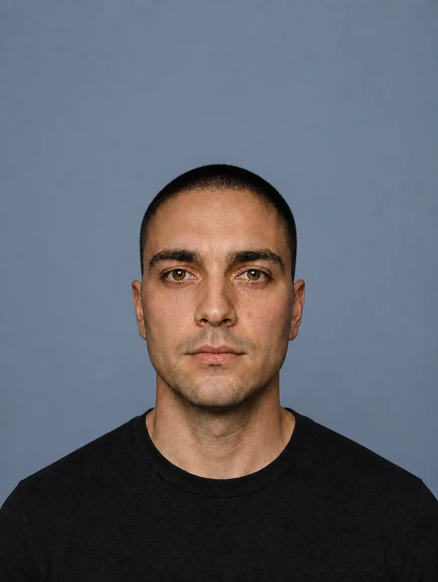 The same actor against a muted slate-blue backdrop