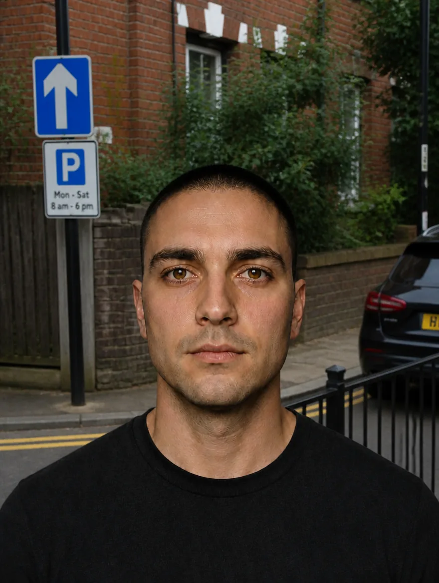 The same actor on a cluttered street, the background competing with his face