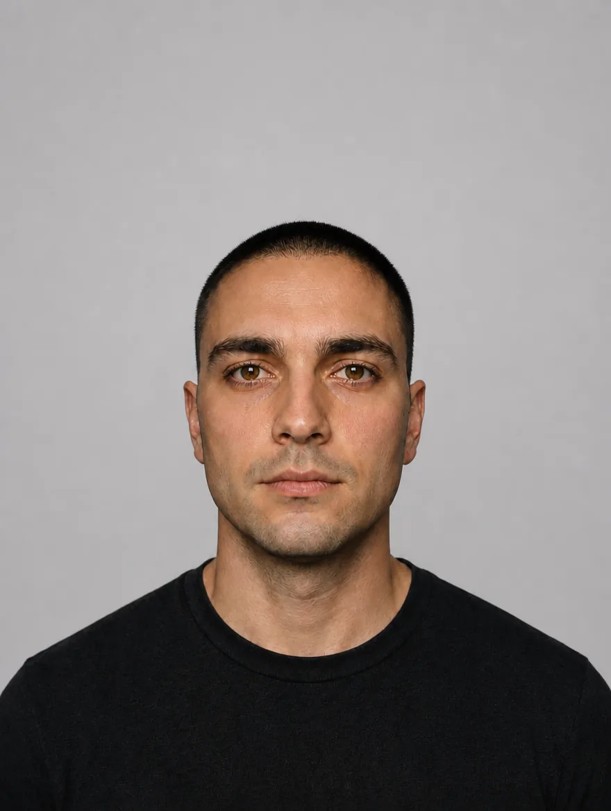 The same actor against a light grey backdrop