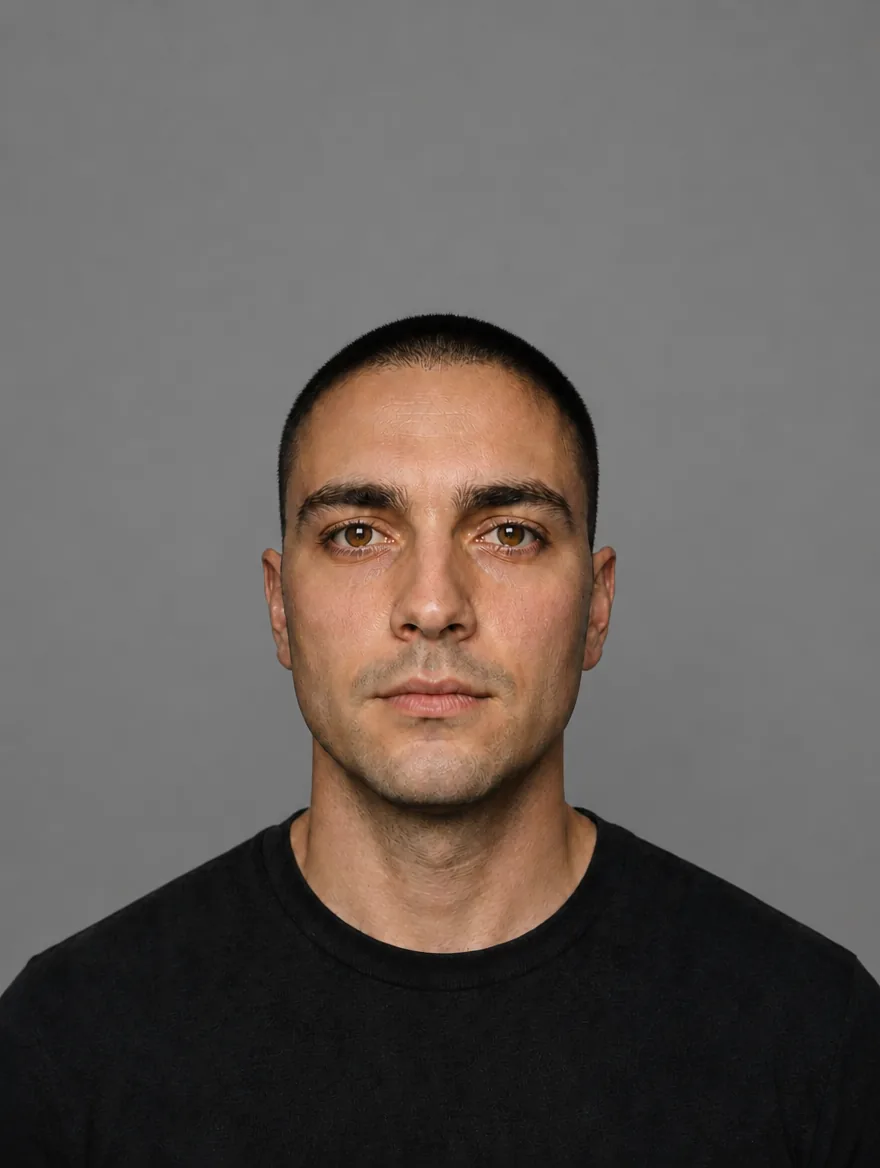 The same actor against a mid grey backdrop