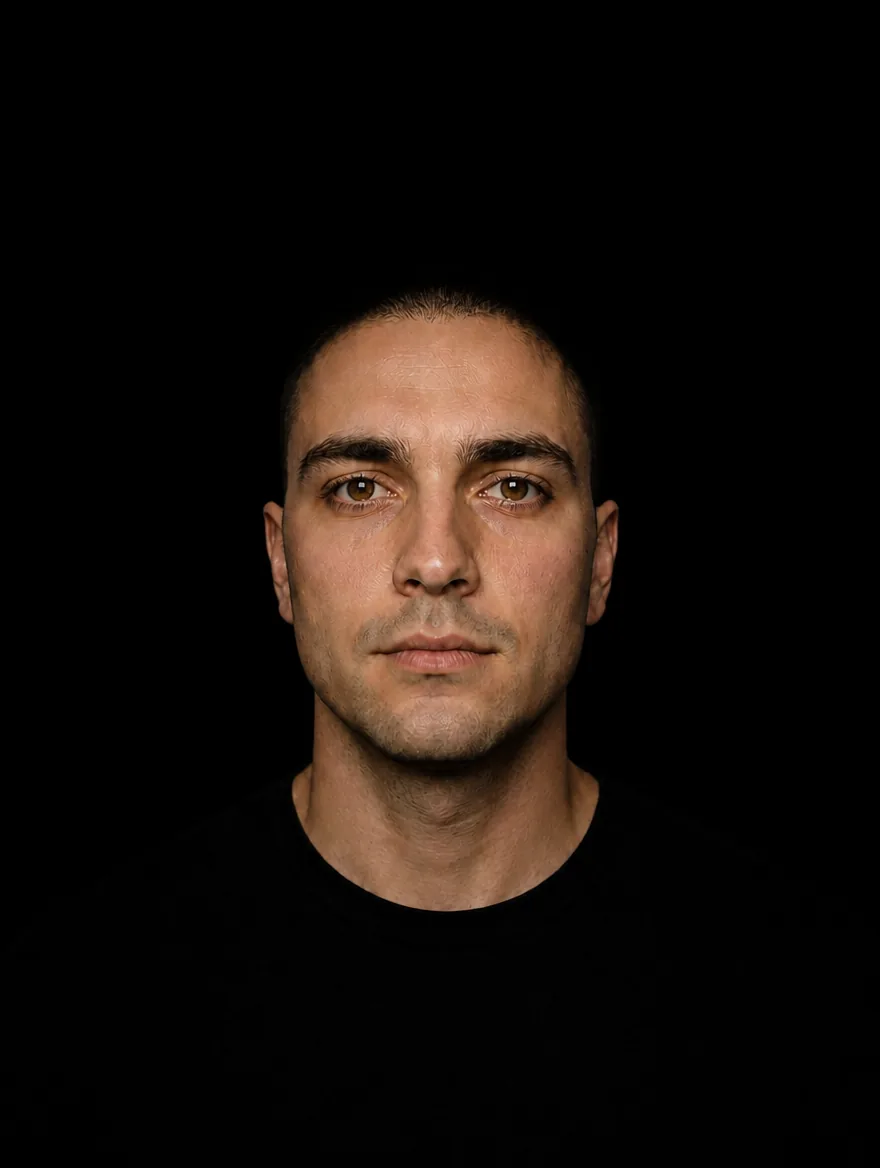 The same actor against a near-black backdrop, sinking into the background with no separation