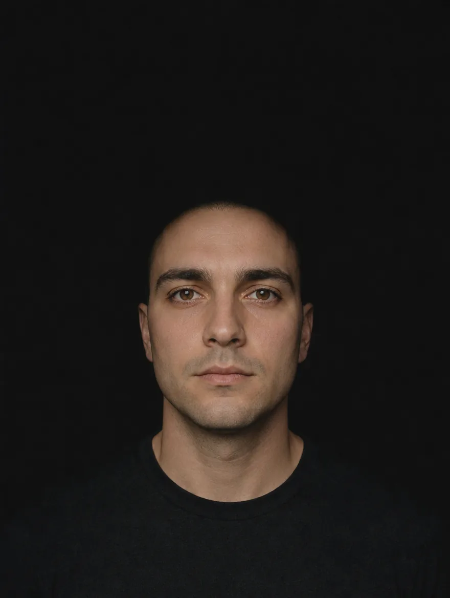 Actor with dark hair against a dark wall, his outline lost completely into the background