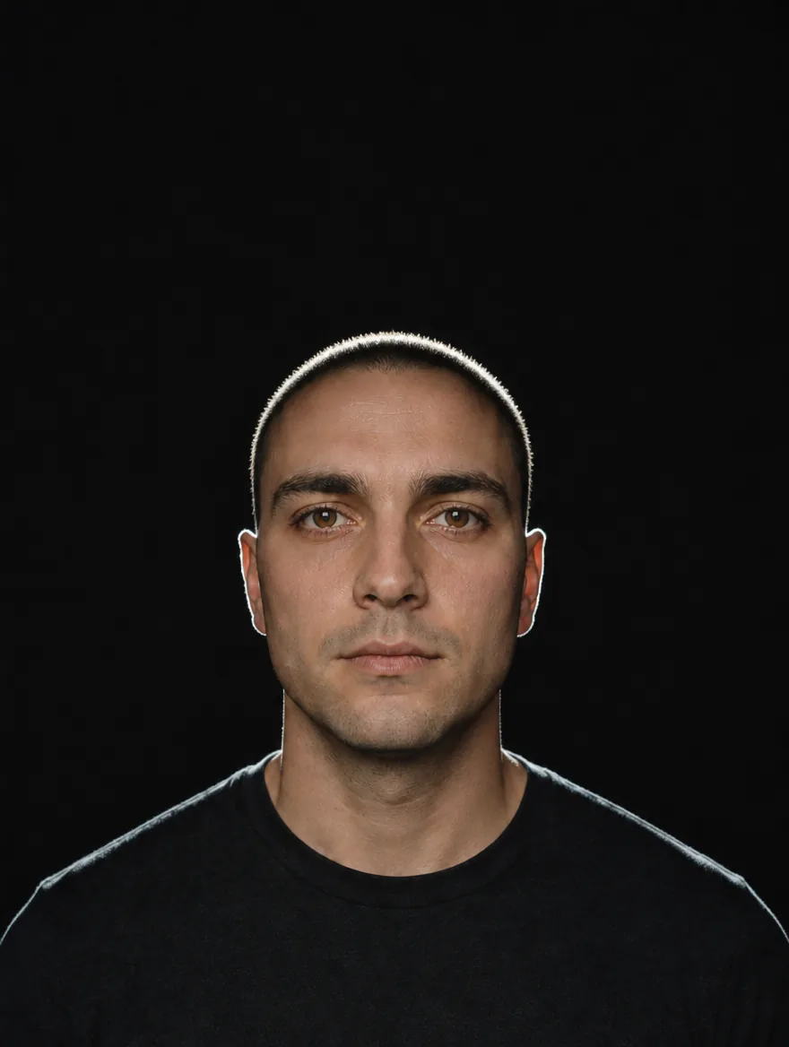 The same actor on the same dark wall with a separation light behind him, a bright rim tracing his hair and shoulders