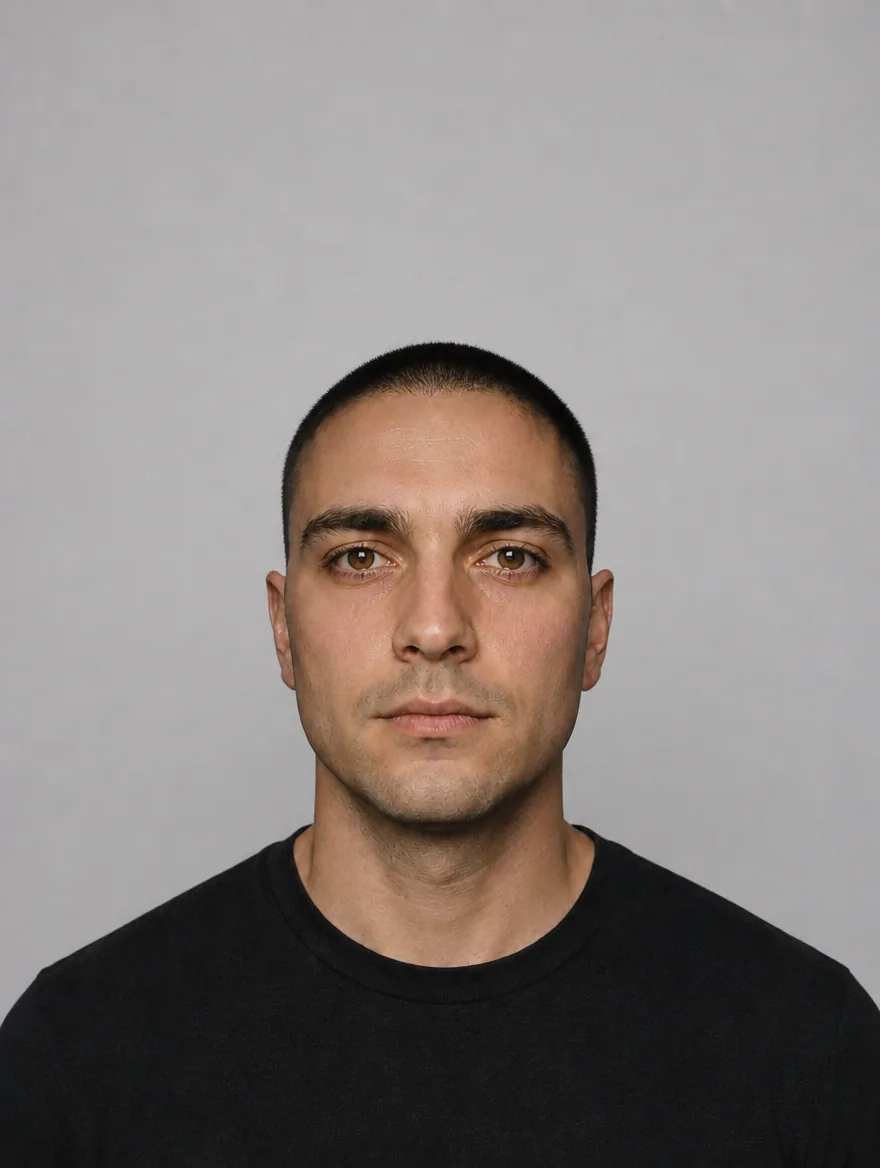 The same actor against a light grey wall, his dark hair reading clearly by tone contrast alone