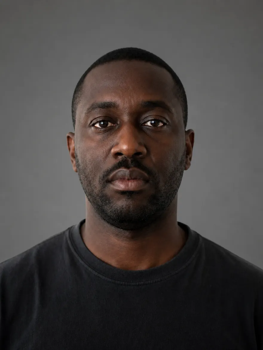 The same actor exposed correctly for his face, background falling to a controlled mid-grey