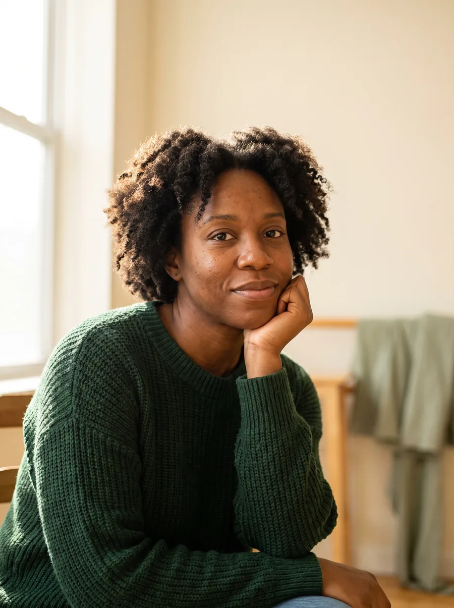An actor in her thirties in an acting studio