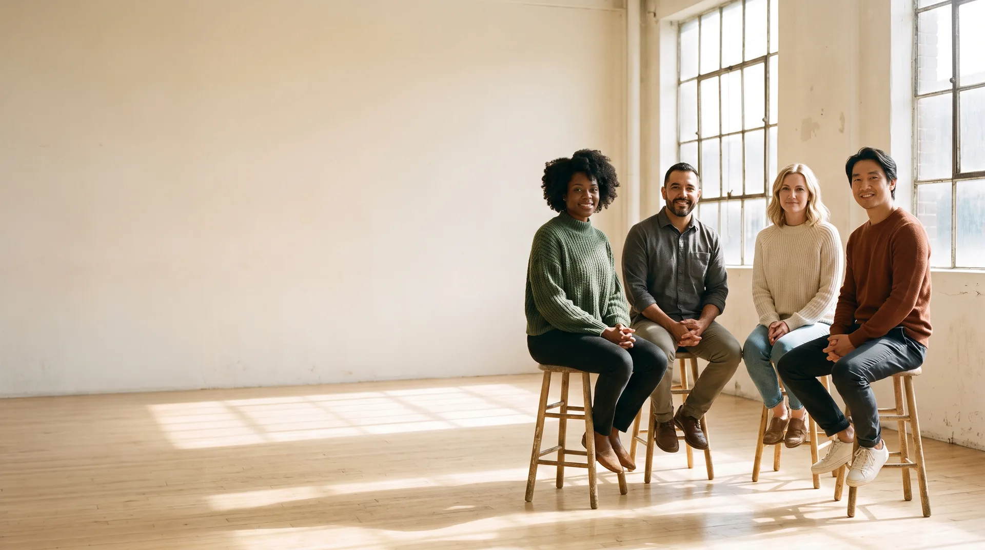 Four aspiring actors together in a bright acting studio