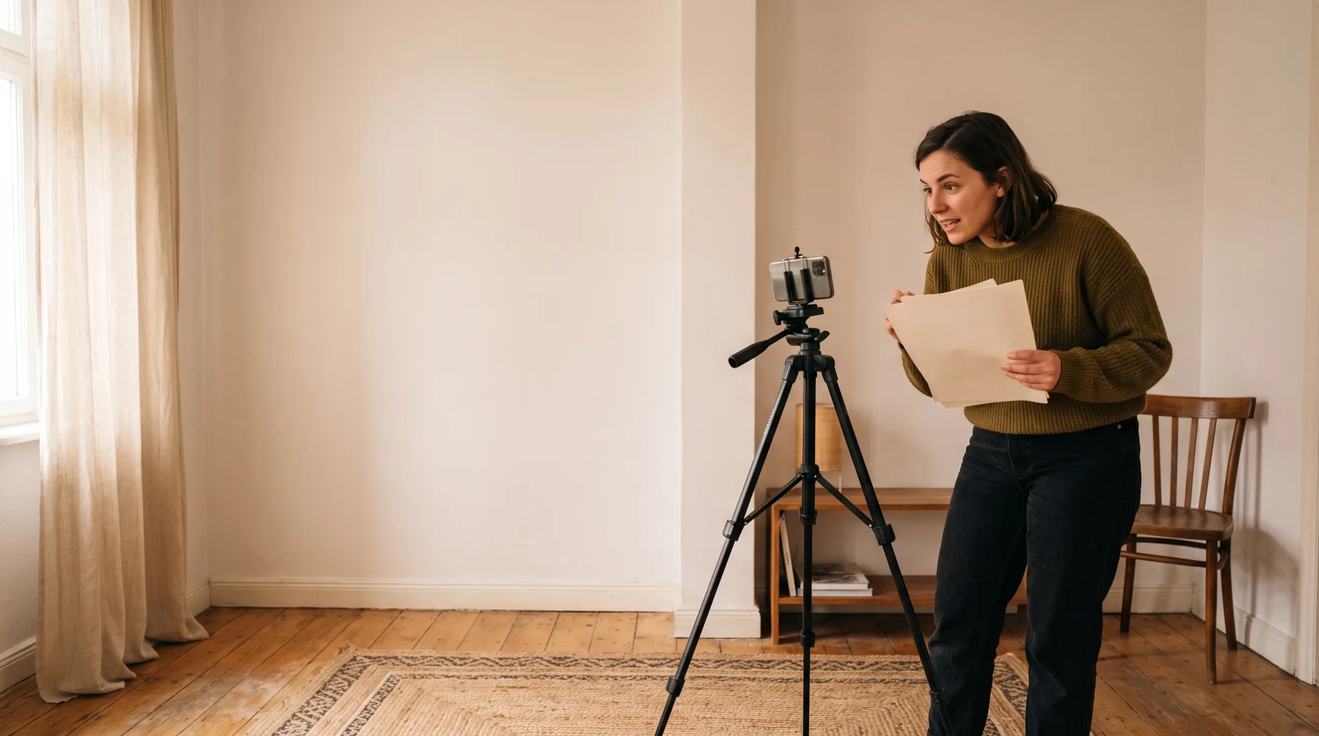 A new actor recording a self-tape audition at home